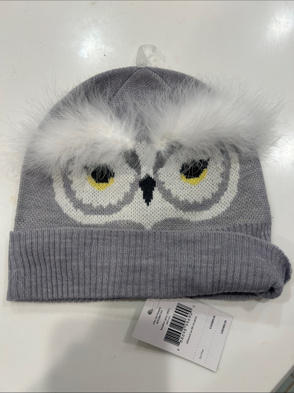 kate spade Kids Gray Owl Knit Beanie with White Faux Fur Eyebrows